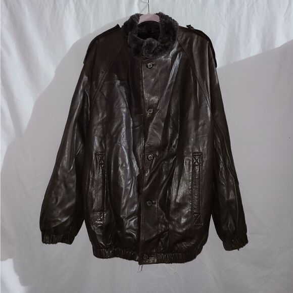 Leather Nutria Fur Long Sleeve Brown Button Reversible Coat - Picture 1 of 9